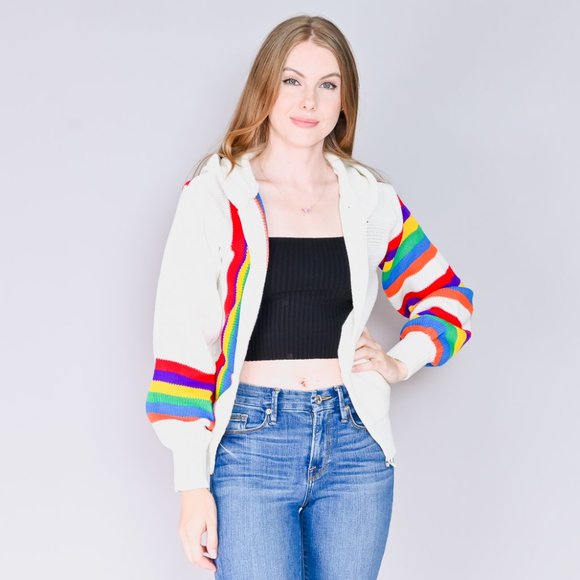 VINTAGE Rainbow Knit Zipper Sweater with Hood 70s Unique Rare Pullover - Picture 7 of 8